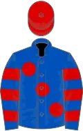 Royal blue, large red spots, hooped sleeves, red cap