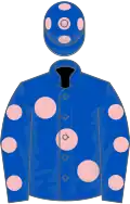 Royal blue, large pink spots, royal blue sleeves, pink spots and spots on cap