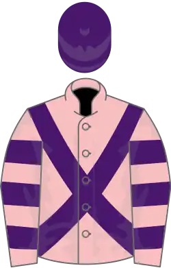 Pink, purple cross belts, hooped sleeves, purple cap