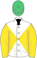 Yellow and white diabolo, yellow sleeves, emerald green cap