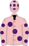 Pink, large purple spots, pink sleeves, purple spots, pink cap, purple spots