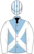 Light Blue, White cross belts and sleeves, White and Light Blue striped cap
