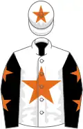 White, orange star, black sleeves, orange stars, white cap, orange star