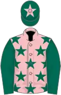 Pink, dark green stars and sleeves, dark green cap, pink star