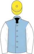 Light blue, white sleeves, yellow cap