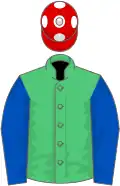 Emerald green, royal blue sleeves, red cap, white spots