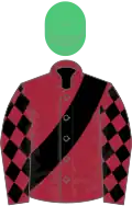 Maroon, black sash, diamonds on sleeves, emerald green cap, pink stars