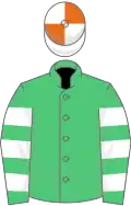 EMERALD GREEN, white hooped sleeves, white and orange qtd. cap