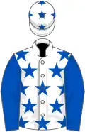 White, royal blue stars, royal blue sleeves