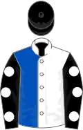 White and royal blue (halved), black sleeves, white spots, black cap