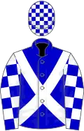 Blue, white cross-belts, checked sleeves and cap