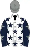 White, dark blue stars, dark blue sleeves, grey stars, grey cap