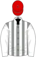 Grey and white stripes, white sleeves, red cap