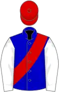 Blue, red sash, white sleeves, red cap