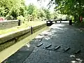Isis Lock, looking towards the river. The raised bricks facilitate the opening of the lock gate in wet weather.