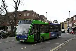 One of the emergency fleet sent to cover for the takeover of the First Southampton network, an Optare Versa brought from Swindon's Bus Company, in Southampton in February 2023.[92]