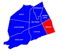 Location of Mirów neighbourhood (red) in the District of Wola (navy blue)