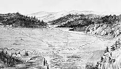A drawing made in 1894 of Two Ocean Pass with a view to the northeast.[9] Atlantic Creek exits the pass between the hills in the upper center part of the image. Pacific Creek exits to the southwest in the bottom center of the image. North Two Oceans Creek enters from the left top center of the image and divides into its two distributaries and South Two Ocean Creek enters from the right center of the image and is also shown dividing into two streams. Evermann Creek also enters the area from the west (left center, just above the tents).