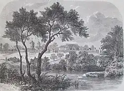 The Ghica palace and the Teiul Doamnei Ghika-church in 1859 (view from Lake Plumbuita)