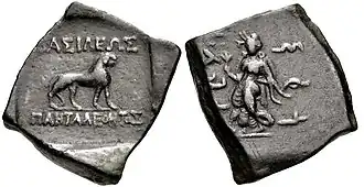Pantaleon (190-180 BCE) coin with dancing woman (Lakshmi?) and lion. Greek and Brahmi legend.