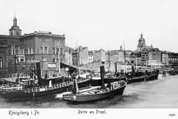 View from the Pregel, including the church, gymnasium, and Propsteikirche