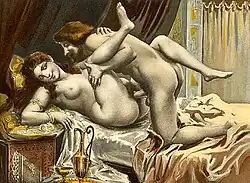 Sexual intercourse in the missionary position depicted by Édouard-Henri Avril (1892), depicting a man inserting his penis into woman's vagina