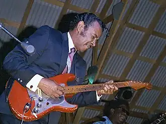 Pee Wee Crayton performing with his guitar at the Ann Arbor Blues Festival, Ann Arbor, Michigan, August, 1970.