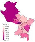 Confirmed cases of COVID-19 per 100,000 inhabitants by province of Cuzco.