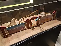 A small tabletop model of a theatre set. In the center is a gateway entrance with two large periaktoi on either side, painted to show a country side scene, and a Greek temple in the distance.