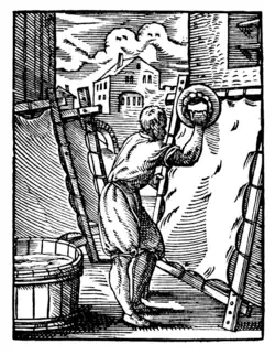 Etching of a man making parchment
