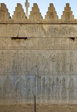 Delegation bearing gifts (Persian Achaemenid); c.490 BC; limestone; c.260 x 150 cm; in situ, Persepolis (Iran)[18]