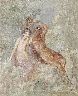 Perseus holds up Medusa's head so Andromeda may safely see its reflection in the pool below. Fresco, 1st century AD, Pompeii
