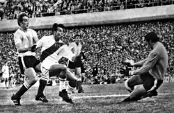 Photo of four men in the foreground, inside a full stadium