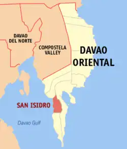 Map of Davao Oriental with San Isidro highlighted