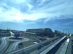 View of the main terminal of the PHX Sky Train from an approaching train.