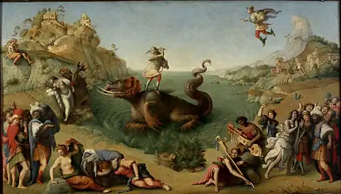 Piero di Cosimo, Perseus Freeing Andromeda, c. 1510. The hero is depicted with winged sandals, while Andromeda is clothed, unlike in many later paintings.