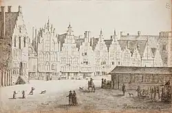Drawing by Pieter Jansz Saenredam in 1629 of the Grote Markt with the northern edge of the old fish market extending across the market to the Hoofdwacht, Haarlem.