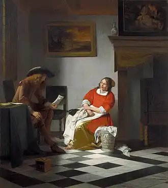 Interior with a Man Reading a Letter and a Woman Sewing c. 1674 – c. 1676