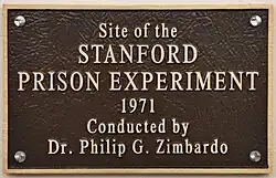 Plaque with the text: "Site of the Standford Prison Experiment, 1971, conducted by Dr. Philip G. Zimbardo"