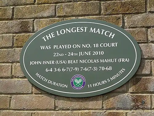 Image 28Commemorative plaque at Court 18 marking the longest tennis match in history (from Wimbledon Championships)