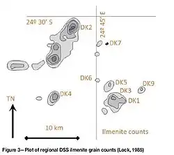 Plot of regional DSS ilmenite grain counts in the Jwaneng diamond mine
