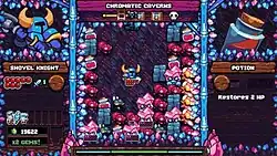 A blue knight with a shovel stands in the middle of a 8x8 grid divided by squares. Bug-like monsters, blocks of stone, and pink potions occupy each of the squares.