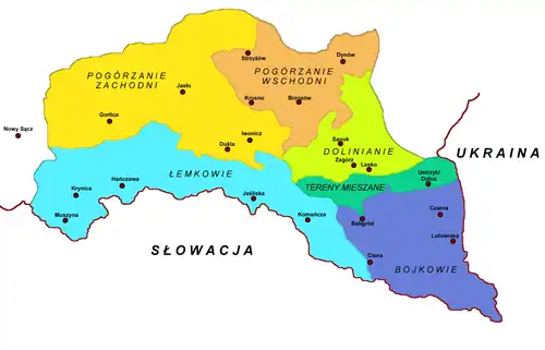 Highlander groups of southeastern Poland, Lemkos in blue.