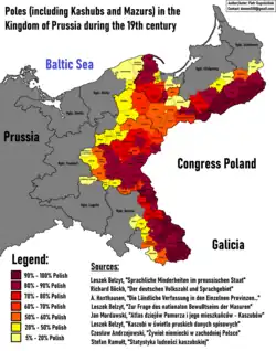 Poles in the Kingdom of Prussia in the 19th century:   90–100% Polish   80–90% Polish   70–80% Polish   60–70% Polish   50–60% Polish   20–50% Polish   5–20% Polish