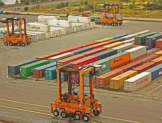 Straddle carriers at the Port of Copenhagen, Denmark.