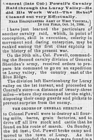 Old newspaper article praising Powell near Luray