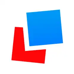 An overlapped red square is behind an askew blue square.