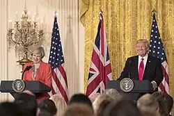 Prime Minister Theresa May and President Donald Trump conducting a press conference in the East Room of the White House, 2017
