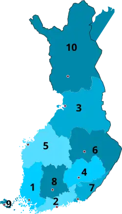 1940-1941   1 Turku and Pori   2 Uusimaa   3 Oulu   4 Mikkeli   5 Vaasa   6 Kuopio   7 Viipuri   8 Tavastia   9 Åland 10 Lapland