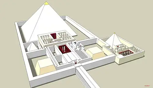 Drawing of a pyramid surrounded by a wall. A building with many rooms extends from one side of the pyramid, and at the opposite end of the building a causeway extends out of the frame.